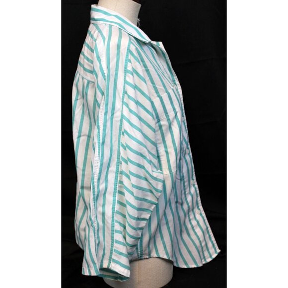 VTG 80s Summerfield Striped Button up Blouse Shirt Lg Teal Blue Preppy Classic - Picture 6 of 12